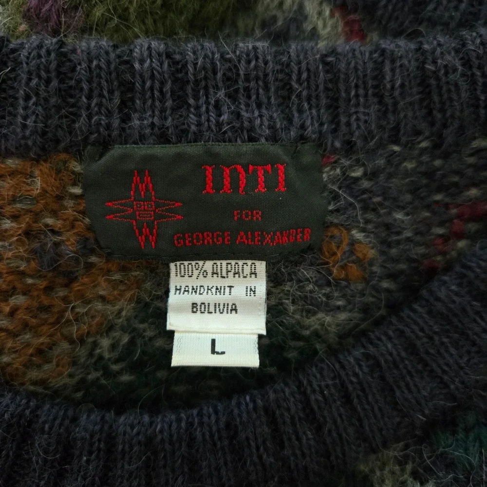 100% Alpaca Hand Knit Vintage Jewel Tone Argyle Wool Pullover Sweater Mens L EUC